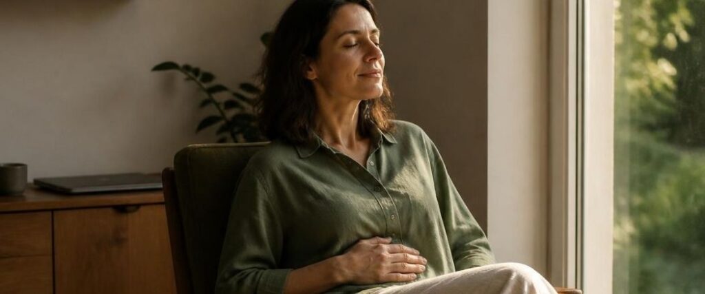 Mujer con la mano en el abdomen y los pies en el suelo practicando mindfulness para volver al presente